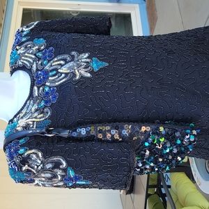 SCALA Multi- color Beaded Sequined Evening  Top Size L, Black with Purse Bundle